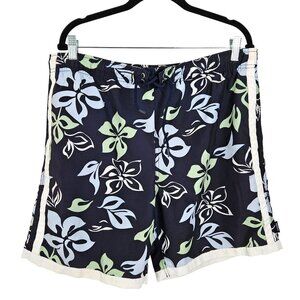 Nautica Mens Size M Floral Tropical Swim Trunks Navy & Green Mesh Lining Beach